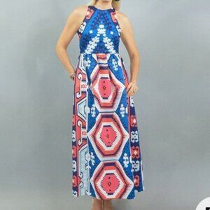 CK Bradley Diddle Halter Maxi Dress Blue Coral Geometric Print M
